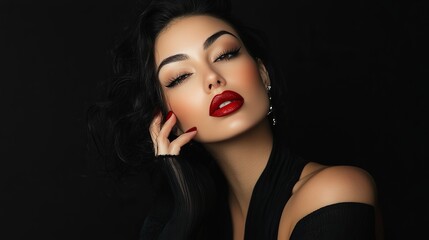 Striking portrait of a fashionable woman against a black backdrop, her bold red lips and polished nails adding a touch of glamour and allure. 