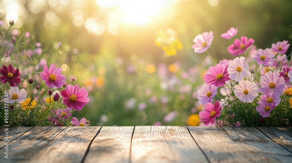 Aufkleber a soft background of summer flowers with an empty table top in front for product promotion in the su