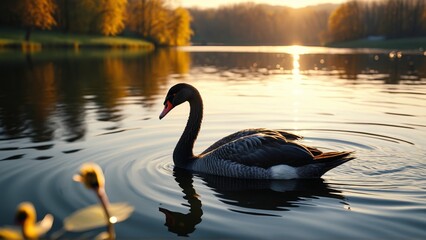 Serene black swan on tranquil lake at sunrise with golden reflections