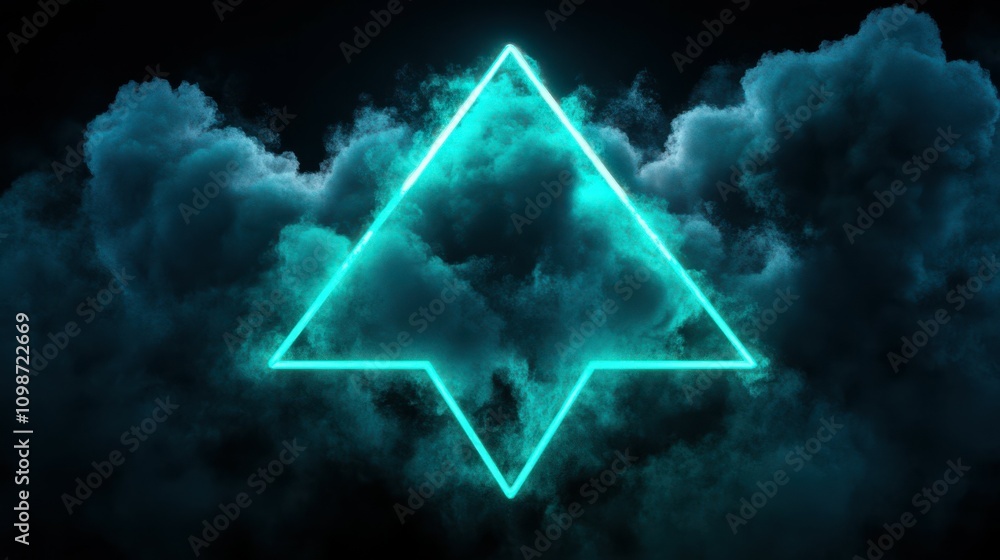 Poster abstract neon background of a blue cloud and glowing green triangle, isolated on black. triangular l