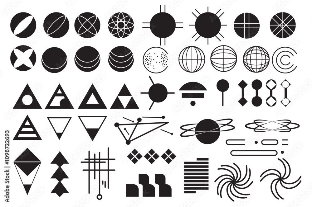 Poster Retro futuristic y2k set elements in flat graphic design. Collection of basic black geometric shapes, rounds, spheres and triangles with mesh, lines, links, abstract grids, other. Vector illustration.