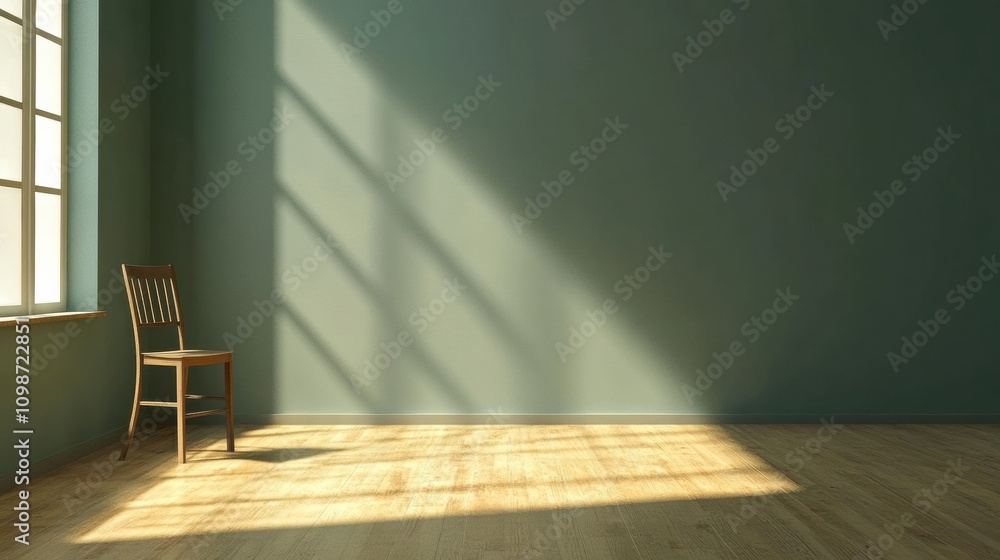 Aufkleber sunlight streams through a large window, casting shadows on wooden floors where a solitary chair is 