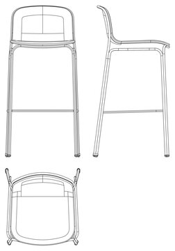 Bar Chair, Bar stool editable vector illustration on white background. chair Line art, clip art, Fancy Chair, Hand-drawn design elements with Front, Side, and Top Views