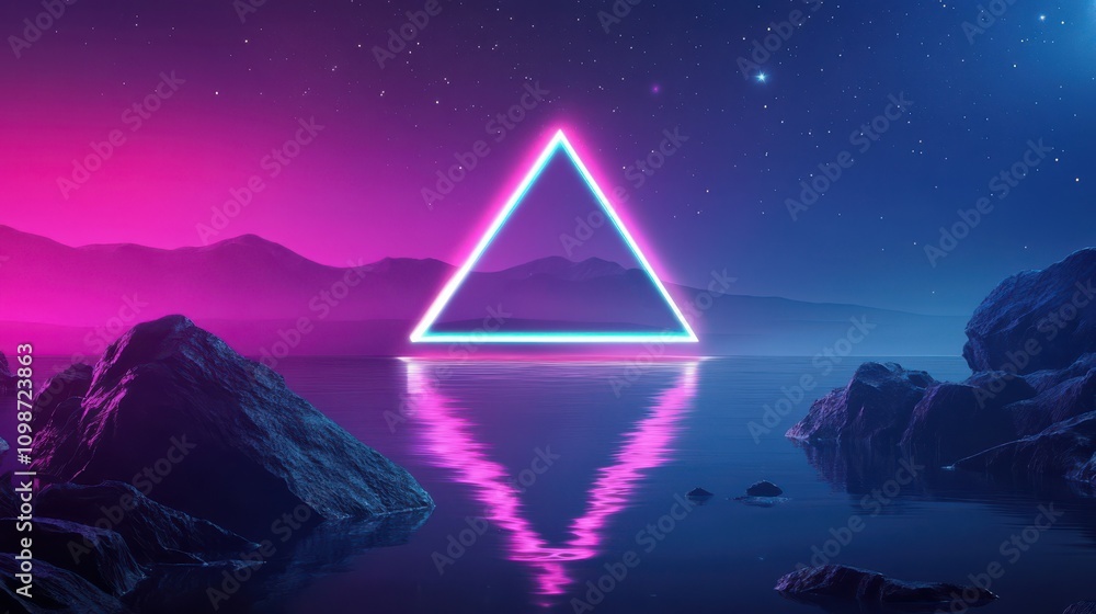 Poster abstract neon background with triangular geometric frame and extraterrestrial landscape under the ni