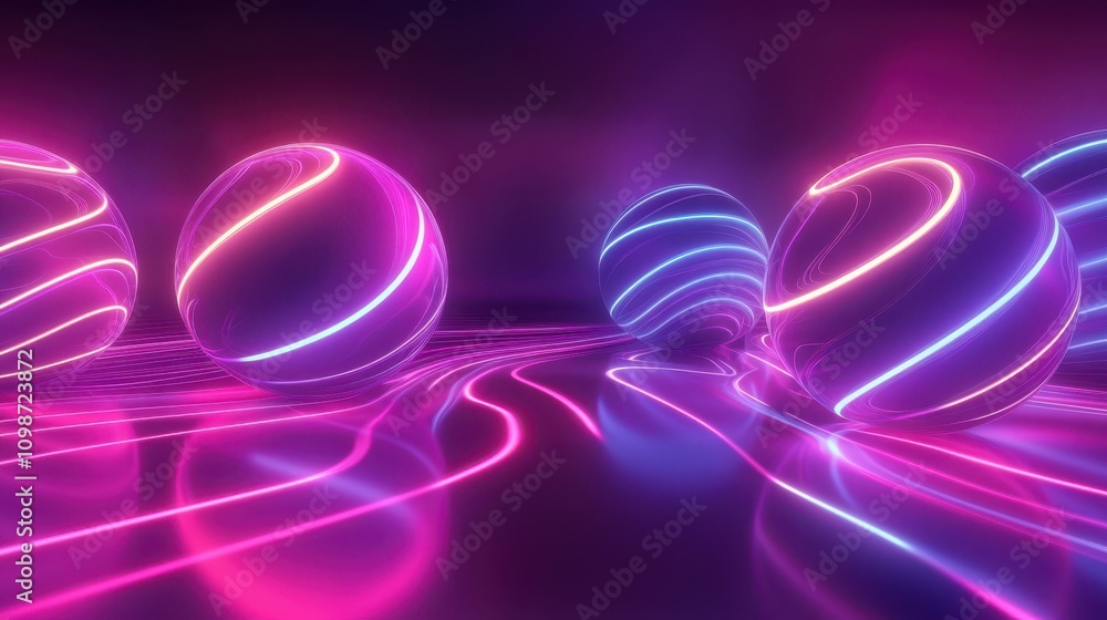 Poster abstract background in retrofuturism style. balls with glowing neon lines in dark room, floor reflec