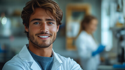 Fototapeta premium Young man smiling confidently in a bright, modern interior space during the morning