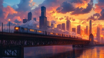 Obraz premium A sleek train races over an elevated bridge, revealing the stunning Chicago skyline in the background as the sun sets, painting the sky with vibrant colors