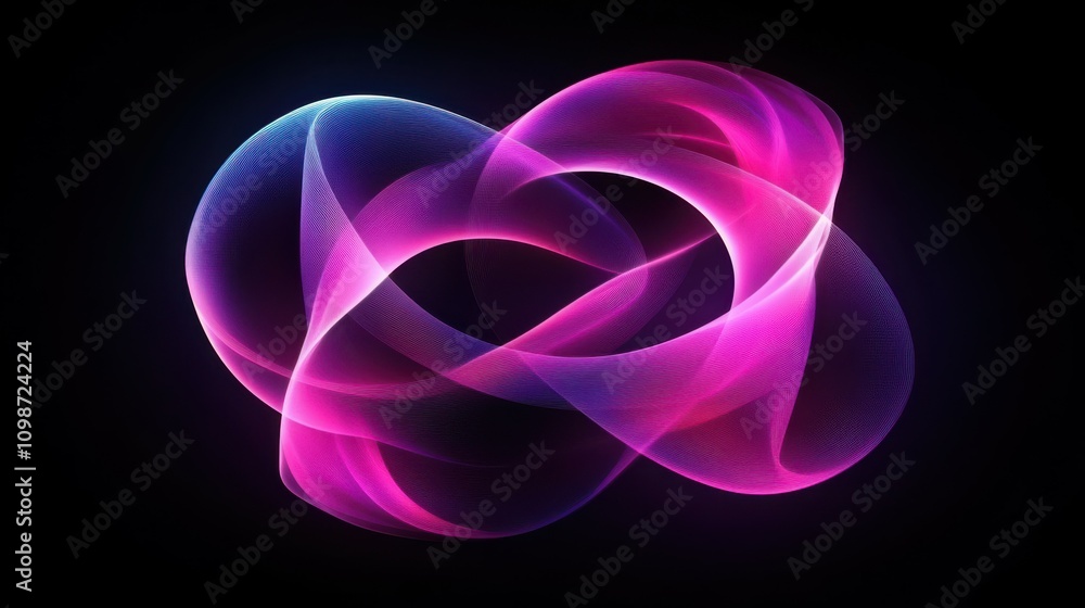 Poster abstract background with knotted shape. tangled loop ribbon, knot glowing in the dark, pink violet s