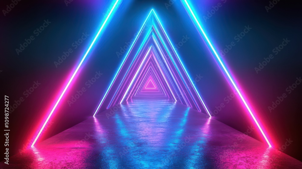 Poster abstract background with neon triangle at the end of the virtual geometric tunnel