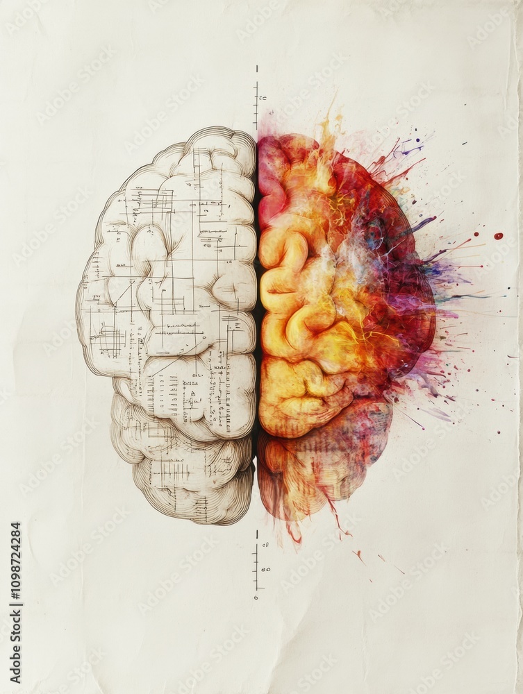 Leinwandbilder The artwork depicts a brain split into two halves, showcasing a vivid representation of creativity and logic. Generative AI