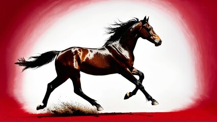 Fototapeta premium Majestic brown horse galloping with dynamic motion against vivid red and white background