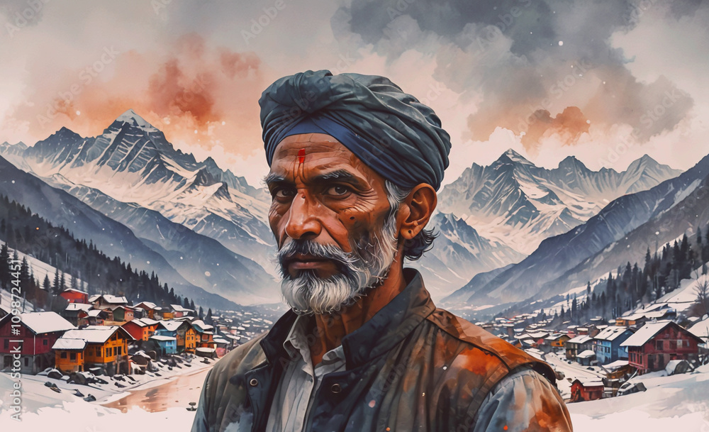Poster a man with a turban stands in front of a mountain range. the man is wearing a black jacket and a tur
