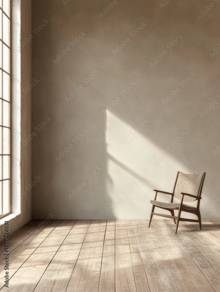 Aufkleber an empty room features wooden floors, a solitary chair near the wall, and sunlight casting soft shad