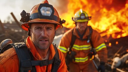 Naklejka premium Two firefighters work diligently to control a massive blaze, showcasing their dedication as they navigate through the dangerous, smoky environment