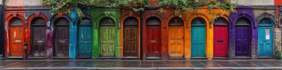 Vibrant Display of Iconic Georgian Doors in Dublin: A Panoramic Spectrum of Colorful Irish Charm