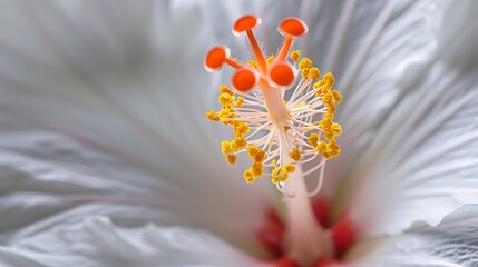 Fototapeta premium A close-up macro photo of a white hibiscus flower, showcasing the intricate details of its reproductive parts. 