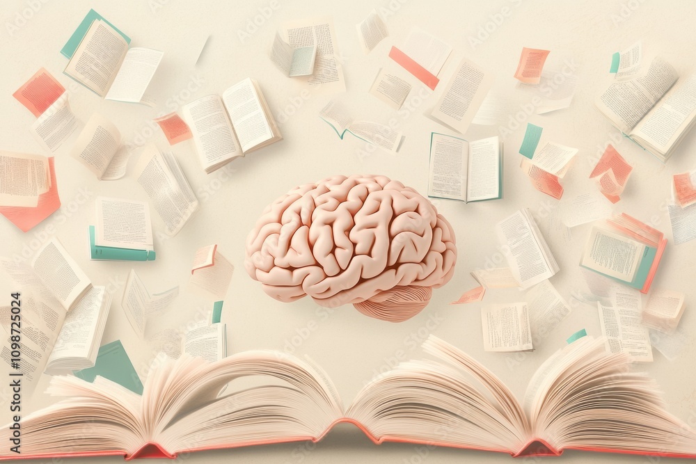 Aufkleber A brain sits at the center, surrounded by open books and fluttering pages, symbolizing the endless pursuit of knowledge and learning. Generative AI