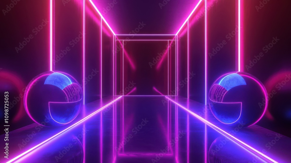 Poster abstract background in retrofuturism style. balls with glowing neon lines in dark room, floor reflec