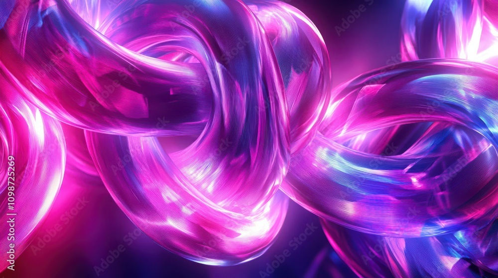 Poster abstract background with knotted shape. tangled loop ribbon, knot glowing in the dark, pink violet s