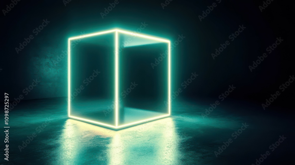 Aufkleber abstract background of cubic box with glowing neon lines. glowing object inside the dark room. virtu