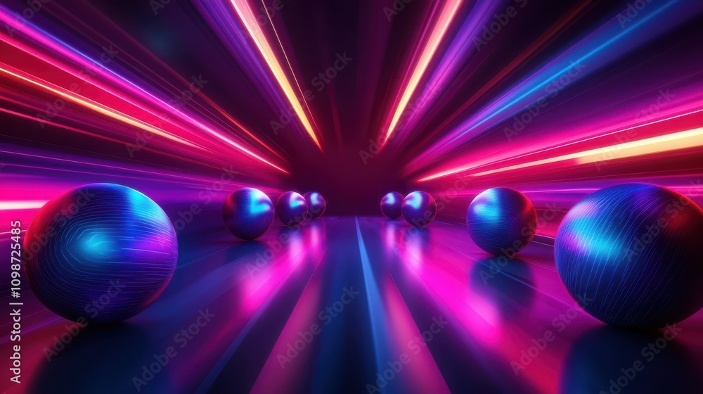 Poster abstract background in retrofuturism style. balls with glowing neon lines in dark room, floor reflec