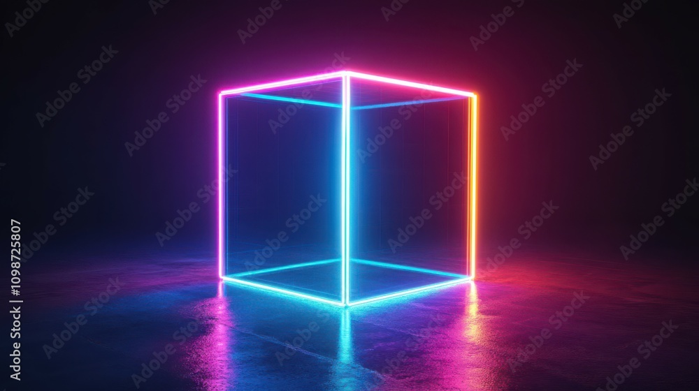 Poster abstract background of cubic box with glowing neon lines. glowing object inside the dark room. virtu