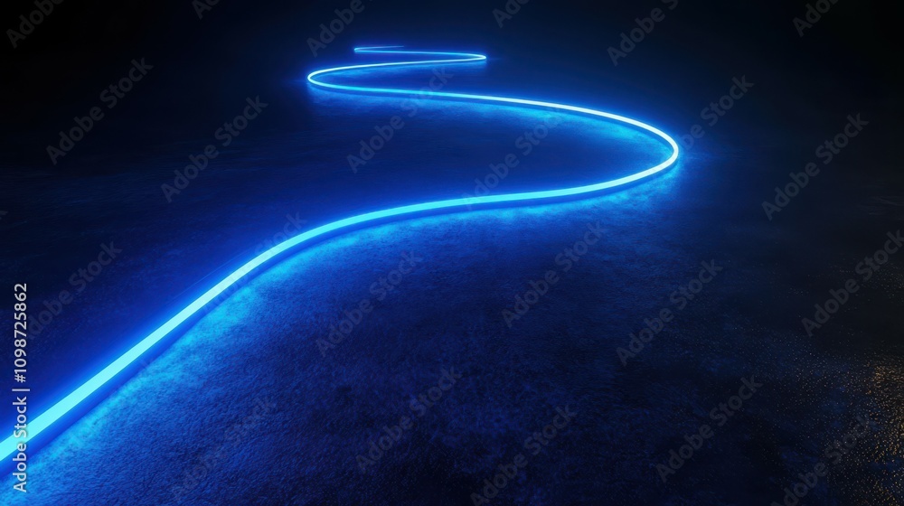 Poster abstract simple background with glowing wavy line illuminated with blue neon light. futuristic minim