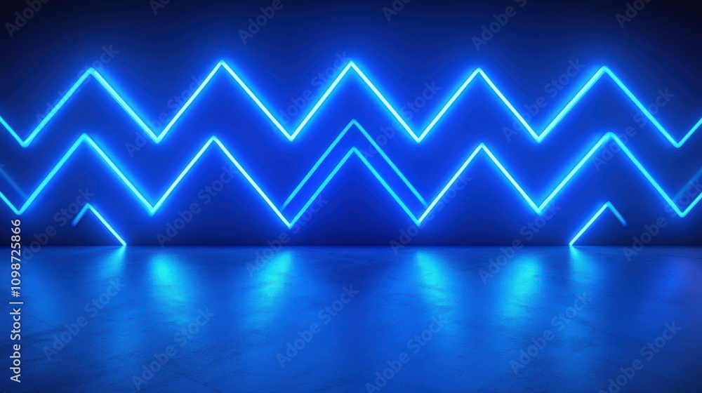 Poster abstract simple background with glowing zigzag lines illuminated with blue neon light. minimal geome