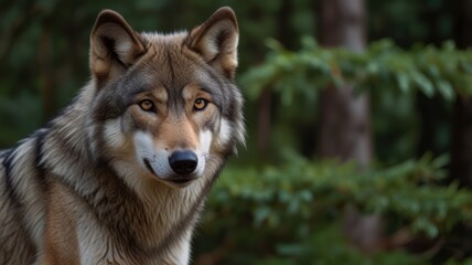 Obraz premium Majestic grey wolf portrait in forest.