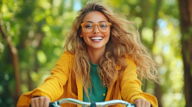 woman wearing a yellow sweater and glasses rides her bicycle through a vibrant green forest, smiling brightly. She enjoys the fresh air and the beauty of nature during a sunny day - Powered by Adobe