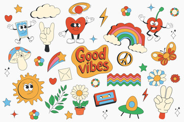 Vintage groovy set elements in flat graphic design. Collection of good vibes, heart, rainbow, cherry, mushroom, cloud, star, peace, daisy, flower, butterfly, other funky mascots. Vector illustration.