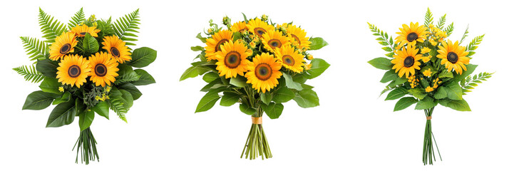Fototapeta premium Vibrant bouquet of sunflowers with lush green leaves, isolated on transparent background