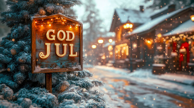On a snowy Scandinavian street, a glowing sign with the words God Jul illuminates the festive atmosphere, with green Christmas decorations adding to the holiday cheer.