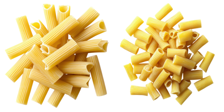 Uncooked rigatoni pasta arranged in piles, isolated on transparent background