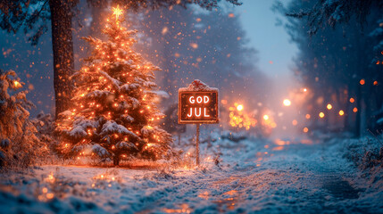 A glowing "God Jul" sign shines brightly on a snowy Scandinavian street, surrounded by green Christmas decorations, creating a festive and cozy holiday atmosphere.