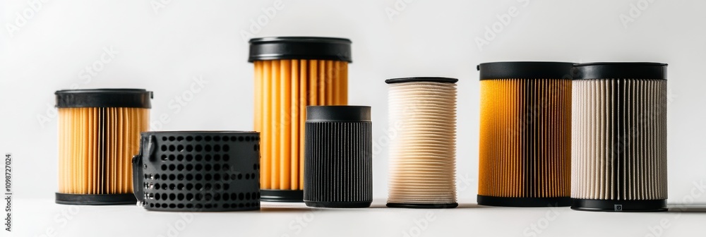 Aufkleber various automotive filters including oil, air, and fuel filters are displayed on a light background,