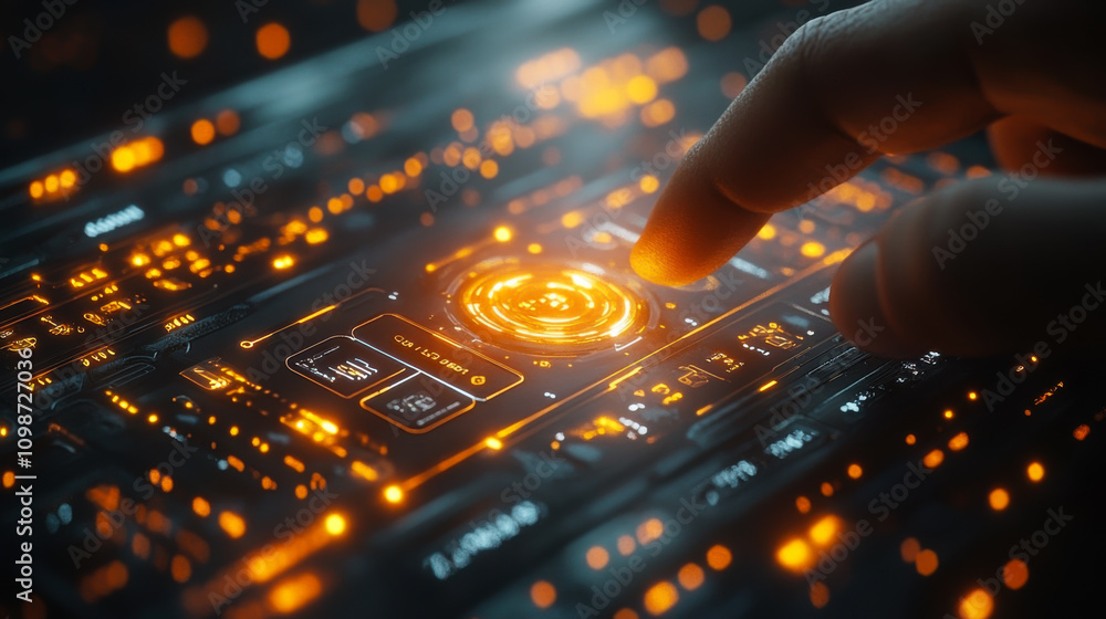 Poster a hand interacts with a glowing digital interface filled with intricate patterns and bright orange l