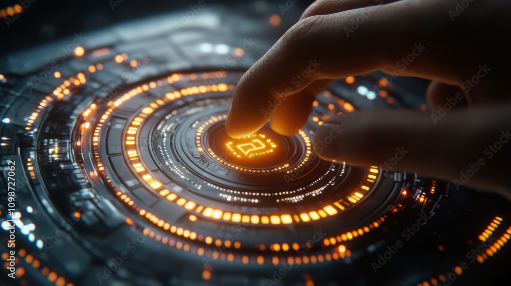 Poster a hand interacts with a glowing digital interface filled with intricate patterns and bright orange l