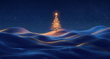 Glowing Golden Christmas Tree with a Radiant Star atop Glittering Hills under a Midnight Blue Sky &ndash; An Enchanting Abstract  Xmas Holiday Scene
