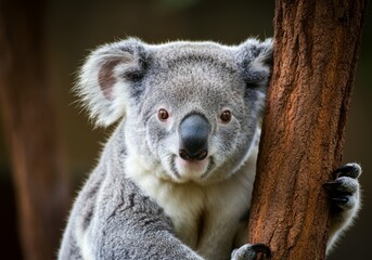Fototapeta premium The image shows a close-up of a koala clinging to a tree, with its soft fur and calm expression, highlighting its natural habitat