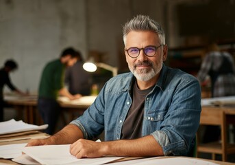 Obraz premium The image features a middle-aged man with a friendly expression, sitting at a desk with papers in front of him, wearing glasses