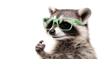 Fototapeta premium Cheerful Raccoon with Green Sunglasses Making a Rock Gesture Against a White Background