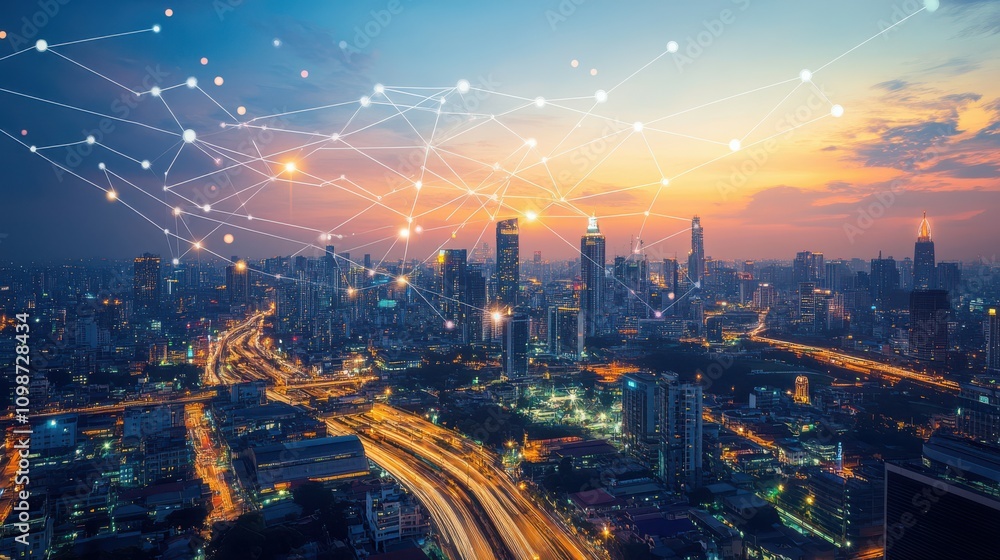 Poster cityscape with wireless network connection and cityscape. big data connection technology concept. wi