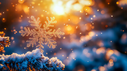 A snowflake resting on the snow, illuminated by sunlight, bringing a joyful, festive New Year’s atmosphere on a bright, snowy day.