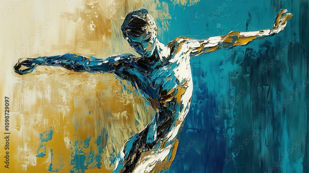 Poster an abstract glossy human figure in a dynamic pose in metallic colors, an expressionistic style