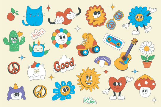 Vintage groovy set elements in flat graphic design. Collection of funny cat, heart, sun, sunglasses, daisy, cactus, roller skates, music cassette, guitar, peace, unicorn, other. Vector illustration.