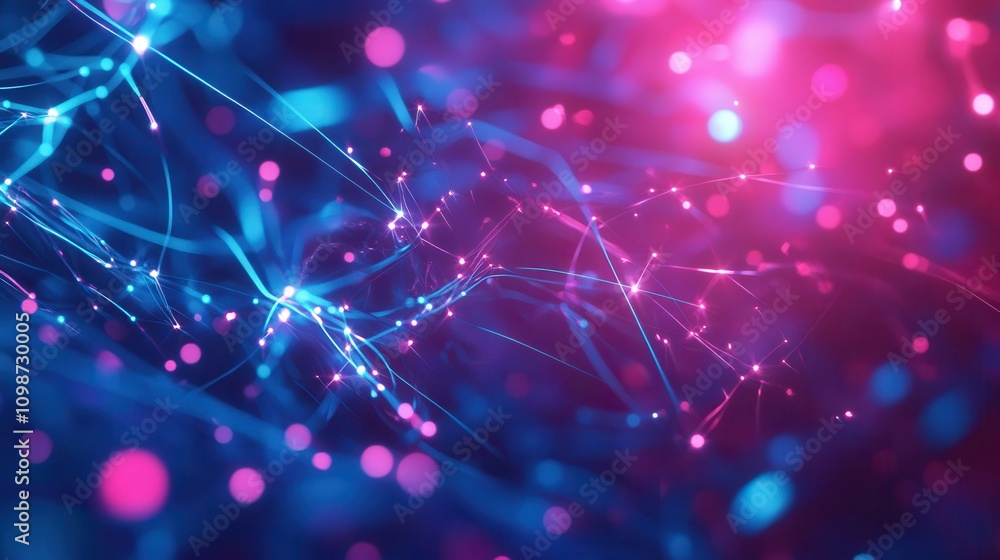 Poster abstract computer technology background. pink blue neon bokeh lights and tangled wires. impulse goin