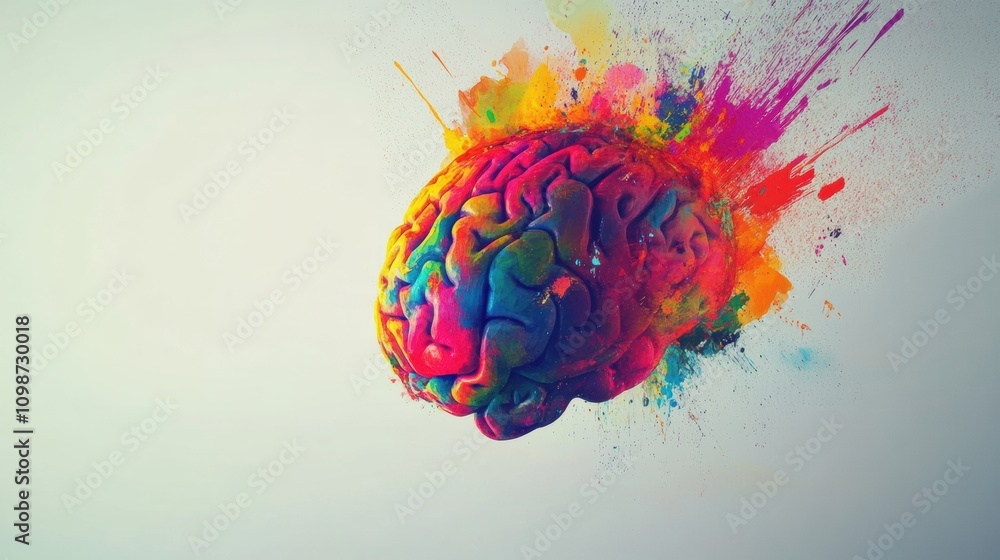 Aufkleber colorful paint strokes and splashes cover a brain, illustrating the connection between color, creati