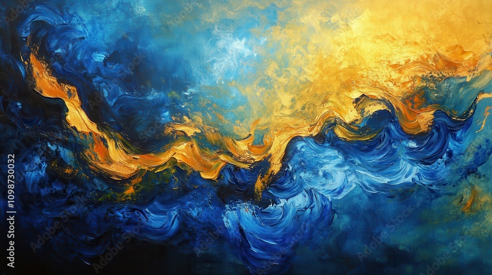 Poster an abstract painting with dynamic blue and gold waves displaying rich colors and fluid patterns for 