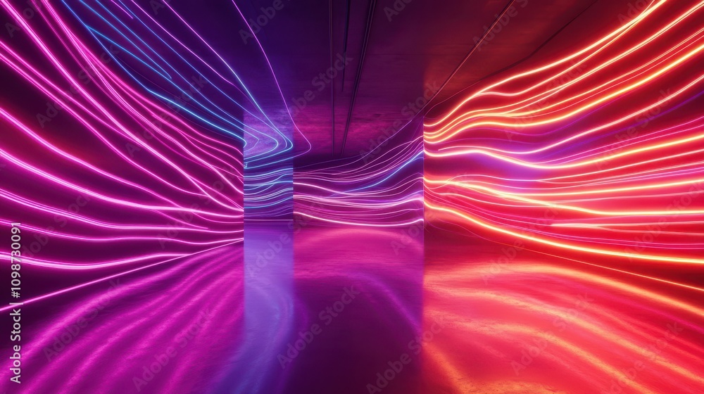 Poster an abstract panoramic background of curvy dynamic neon lines glowing in the dark with a floor reflec